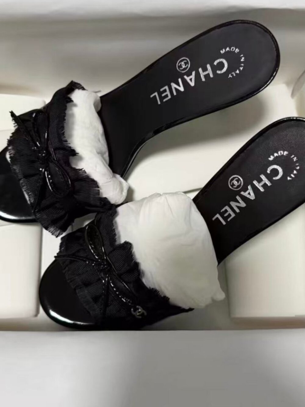 Chanel Black Fringe Bow Pearl Heel Mule Sandals